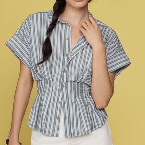 Pilcro Anthropologie Green and Pink Striped Button Down Shirt